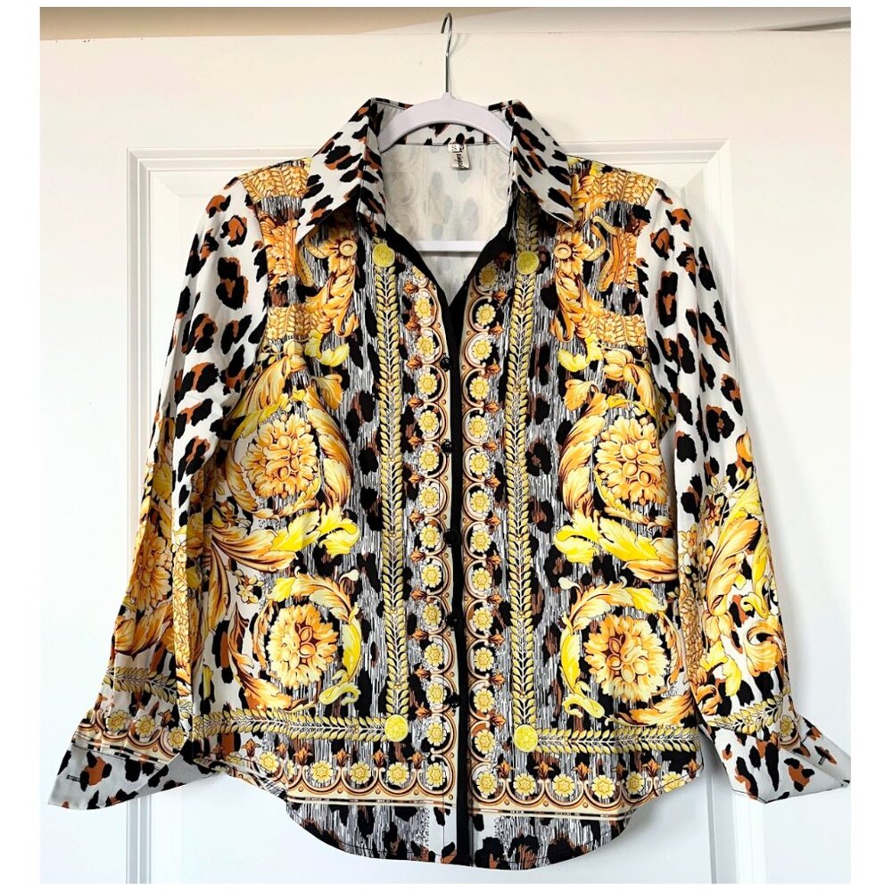 LAI MENG FIVE CATS Women's Long Sleeves Print Button Down Baroque Blouse